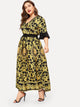 Plus Surplice Front Self Tie Baroque Print Dress