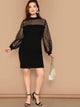 Plus Pearls Beaded Mesh Yoke Bishop Sleeve Dress