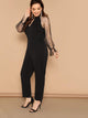 Plus Keyhole Front Pearls Beaded Mesh Sleeve Jumpsuit