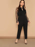 Plus Keyhole Front Pearls Beaded Mesh Sleeve Jumpsuit