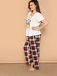 Plus Owl Print Pullover Top & Plaid Pants PJ Set