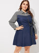 Plus Contrast Striped Print Knot Denim Dress