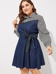 Plus Contrast Striped Print Knot Denim Dress