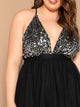 Plus Sequin Bodice Crisscross Back Mesh Halter Dress