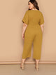 Plus Button Front Belted V-neck Jumpsuit