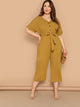 Plus Button Front Belted V-neck Jumpsuit