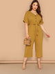 Plus Button Front Belted V-neck Jumpsuit