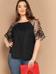 Plus Flower Embroidery Mesh Sleeve Blouse