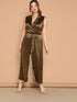 Plus Notched Surplice Neck Belted Satin Jumpsuit