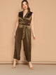 Plus Notched Surplice Neck Belted Satin Jumpsuit