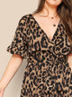 Plus Flounce Sleeve Tie Waist Surplice Wrap Leopard Dress