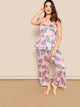 SHEIN Plus Lace Trim Leaf Print Peplum Cami Top & Pants PJ Set