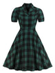 50s Button Front Plaid Flare Dress