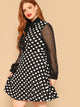 Plus Tie Neck Sheer Sleeve Polka Dot Dress