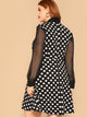 Plus Tie Neck Sheer Sleeve Polka Dot Dress