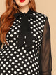 Plus Tie Neck Sheer Sleeve Polka Dot Dress