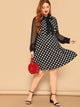 Plus Tie Neck Sheer Sleeve Polka Dot Dress