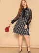 Plus Tie Neck Sheer Sleeve Polka Dot Dress