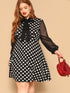 Plus Tie Neck Sheer Sleeve Polka Dot Dress