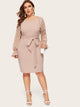 Plus Dot Mesh Bell Sleeve Belted Pencil Dress