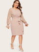 Plus Dot Mesh Bell Sleeve Belted Pencil Dress