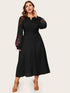 Plus V-cut Neck Embroidered Lantern Sleeve Dress