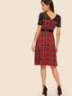 Lace Yoke Self Tie Tartan Flared Dress