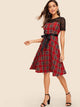 Lace Yoke Self Tie Tartan Flared Dress