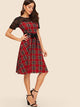 Lace Yoke Self Tie Tartan Flared Dress