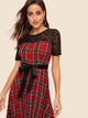 Lace Yoke Self Tie Tartan Flared Dress