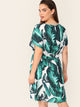 Plus V-neck Tropical Print Belted Dress