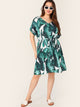 Plus V-neck Tropical Print Belted Dress