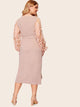 Plus 3D Appliques Mesh Sleeve Belted Pencil Dress