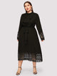 Plus Jabot Collar Guipure Lace Hem Belted Dress