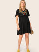 Plus V-neck Embroidery Floral Ruffle Shoulder Dress