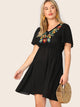 Plus V-neck Embroidery Floral Ruffle Shoulder Dress