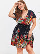 Plus Surplice Front Floral Print Shirred Dress