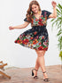 Plus Surplice Front Floral Print Shirred Dress