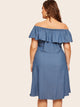 Plus Off Shoulder Button Denim Dress