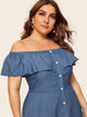 Plus Off Shoulder Button Denim Dress