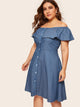 Plus Off Shoulder Button Denim Dress