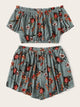 Plus Floral Print Drawstring Blouse With Shorts