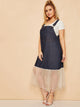 Plus Contrast Mesh Denim Pinafore Dress