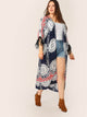 Plus Fringe Cuff Tribal Print Kimono