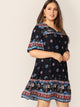 Plus Tribal Print Flounce Sleeve Dress