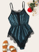 Plus Contrast Lace Scalloped Trim Satin Romper Bodysuit