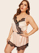 Plus Lace Trim Satin Romper Bodysuit