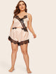 Plus Lace Trim Satin Romper Bodysuit