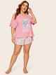 Plus Cartoon Cold Shoulder Pajama Set