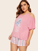 Plus Cartoon Cold Shoulder Pajama Set